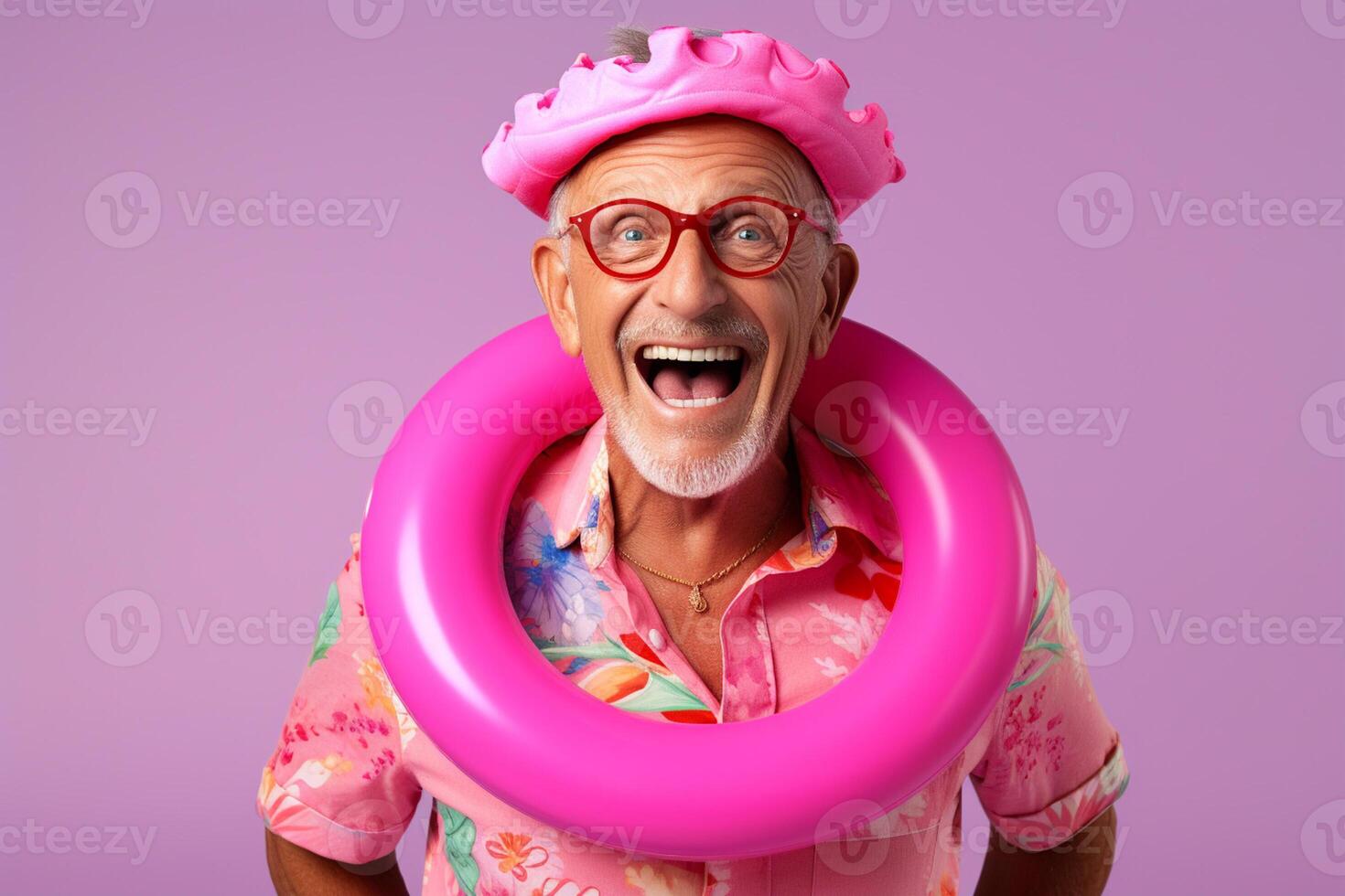 AI generated a happy old man holding pink rubber ring with generative ai photo