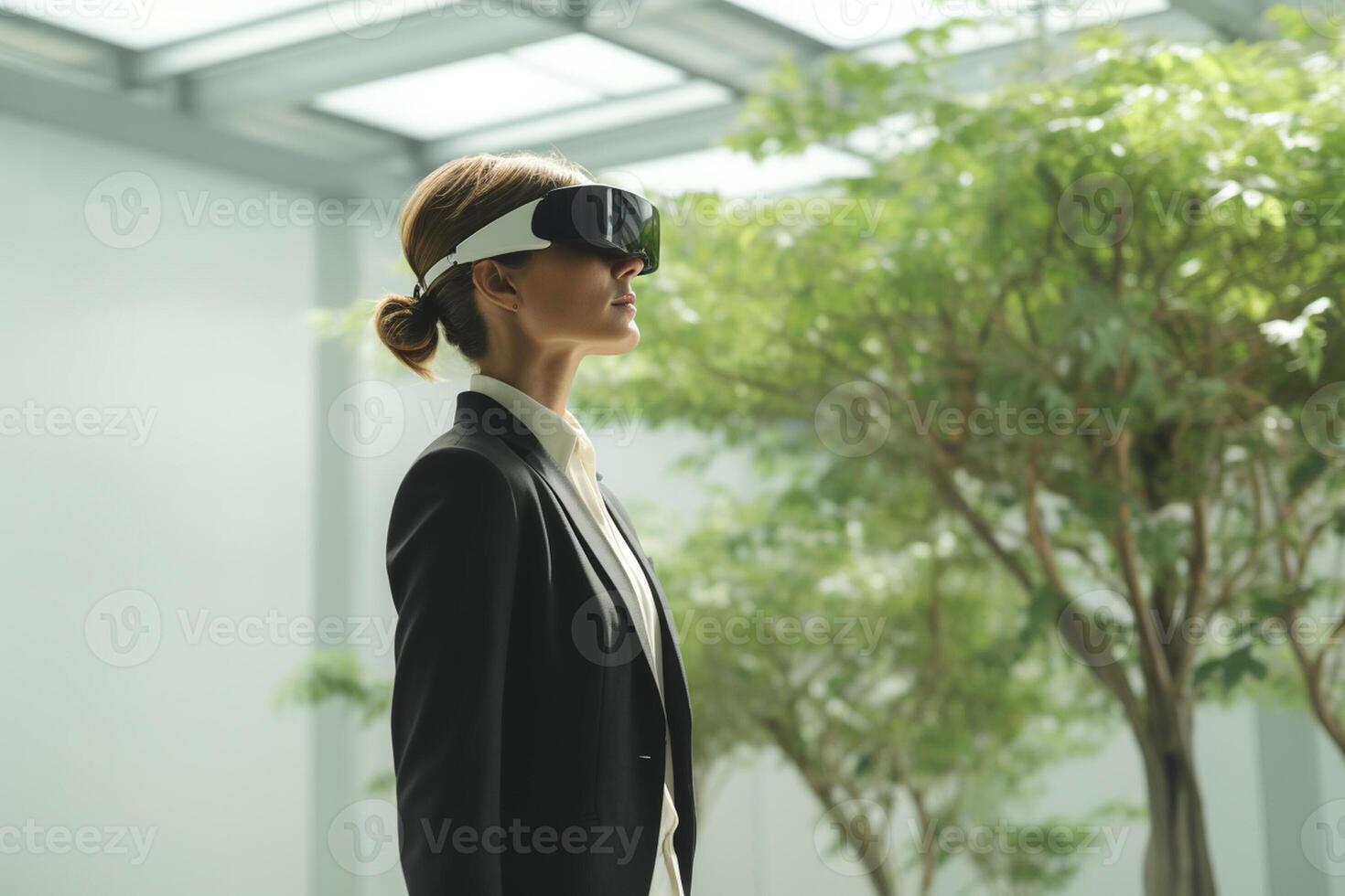 AI generated businesswoman wearing vr glasses looking at nature view bokeh style background with generative ai photo