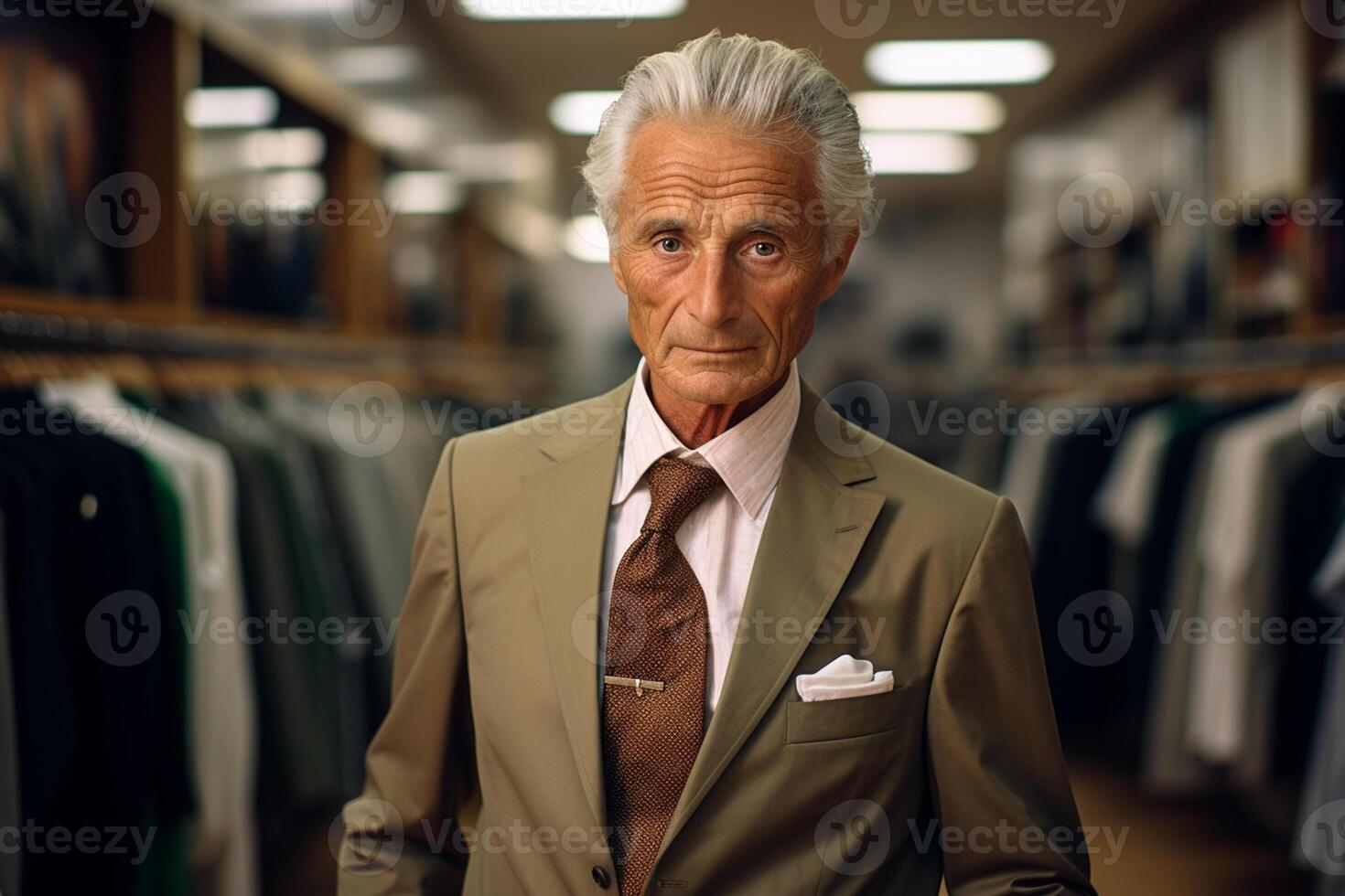 AI generated elderly entrepreneur standing in suit shop bokeh style background with generative ai photo