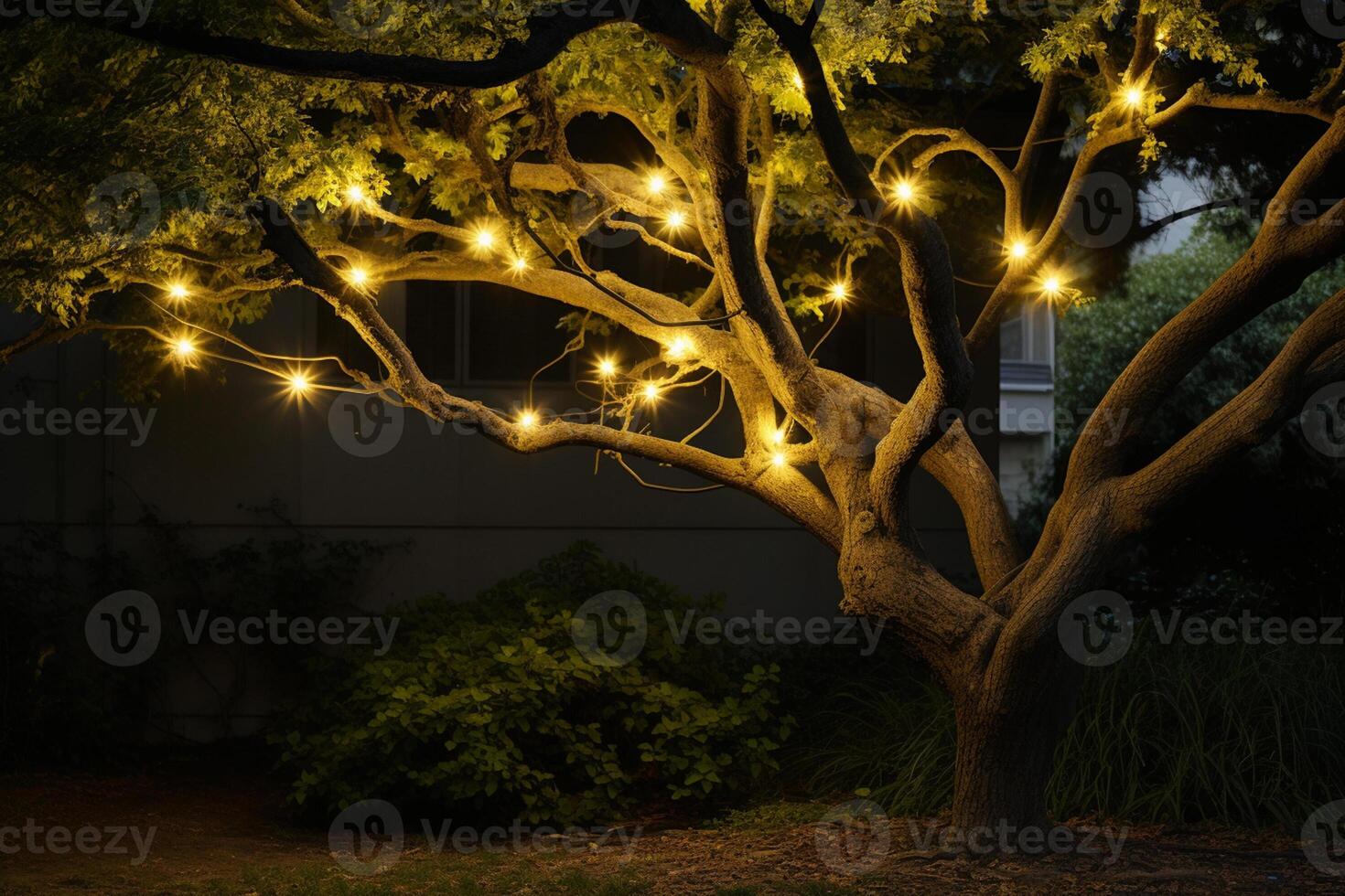 AI generated a string of lights hanging on the tree bokeh style background with generative ai photo