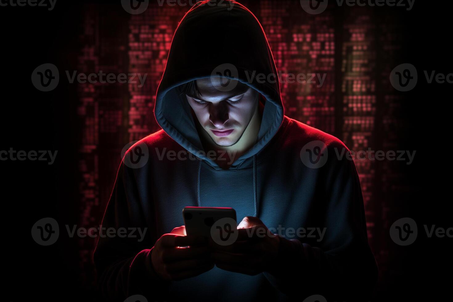 AI generated male hacker hacking from phone with generative ai photo