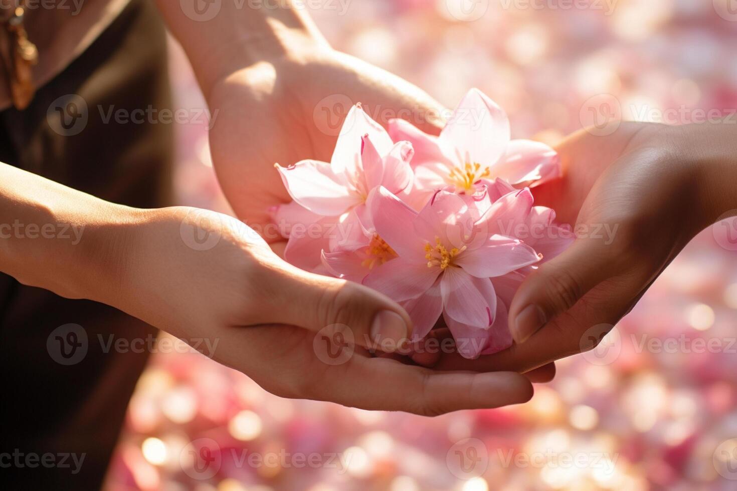 AI generated hands holding flower together with generative ai photo