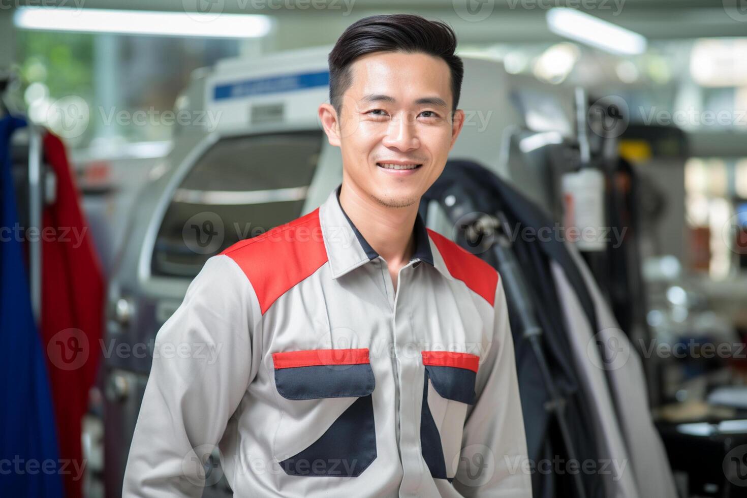 AI generated asian car mechanic smiling in garage bokeh style background with Generated AI photo