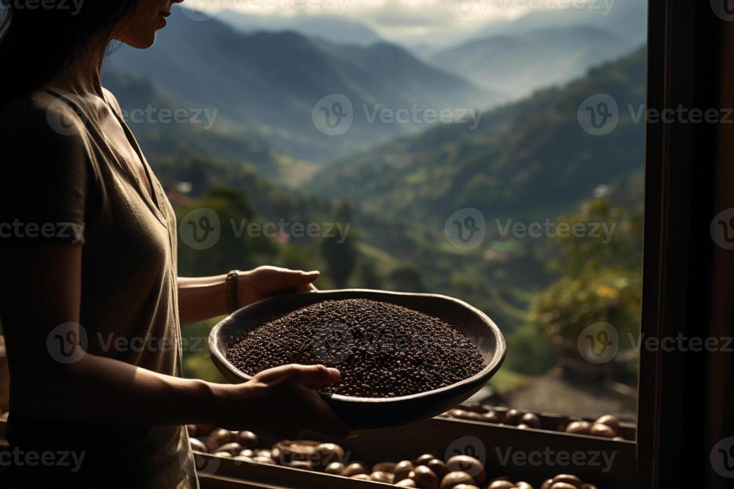 AI generated a woman holding a wood tray of coffee beans in front of nature background bokeh style background with Generative AI photo