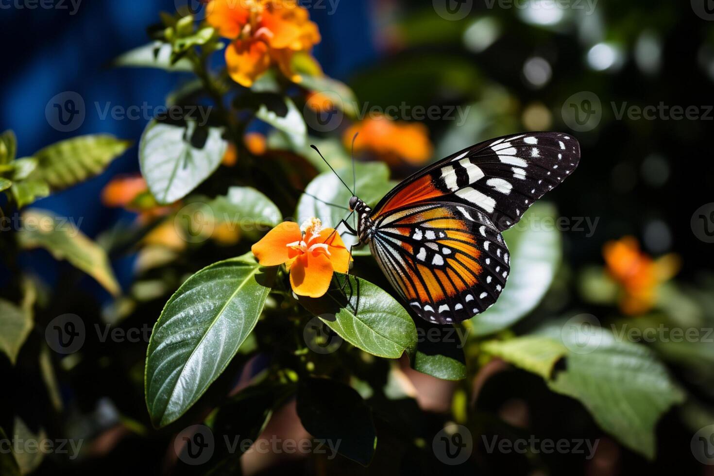AI generated yellow butterfly sitting on green plant leaves bokeh style background with Generated AI photo