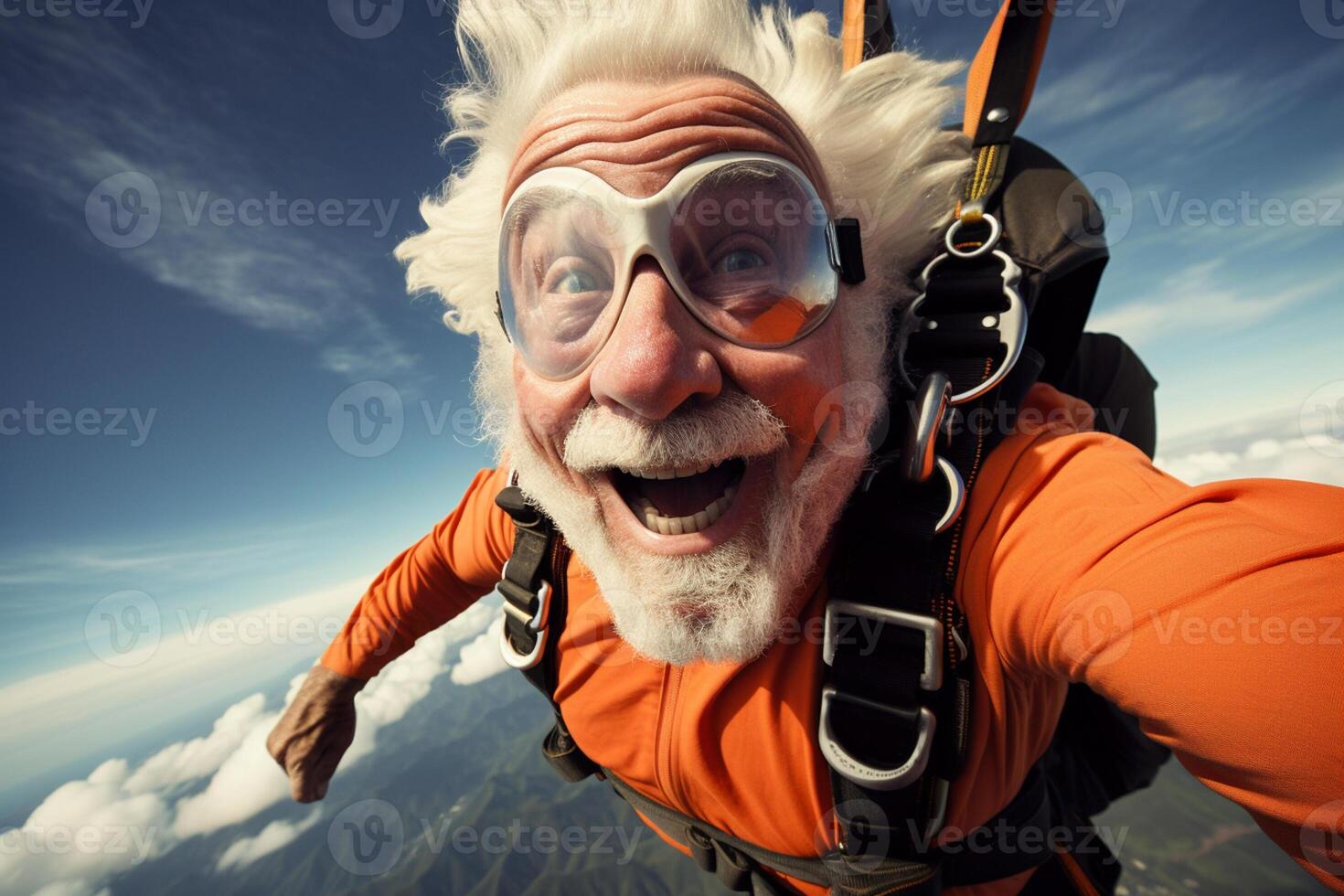 AI generated an old man taking a selfie while skydiving with Generated AI photo