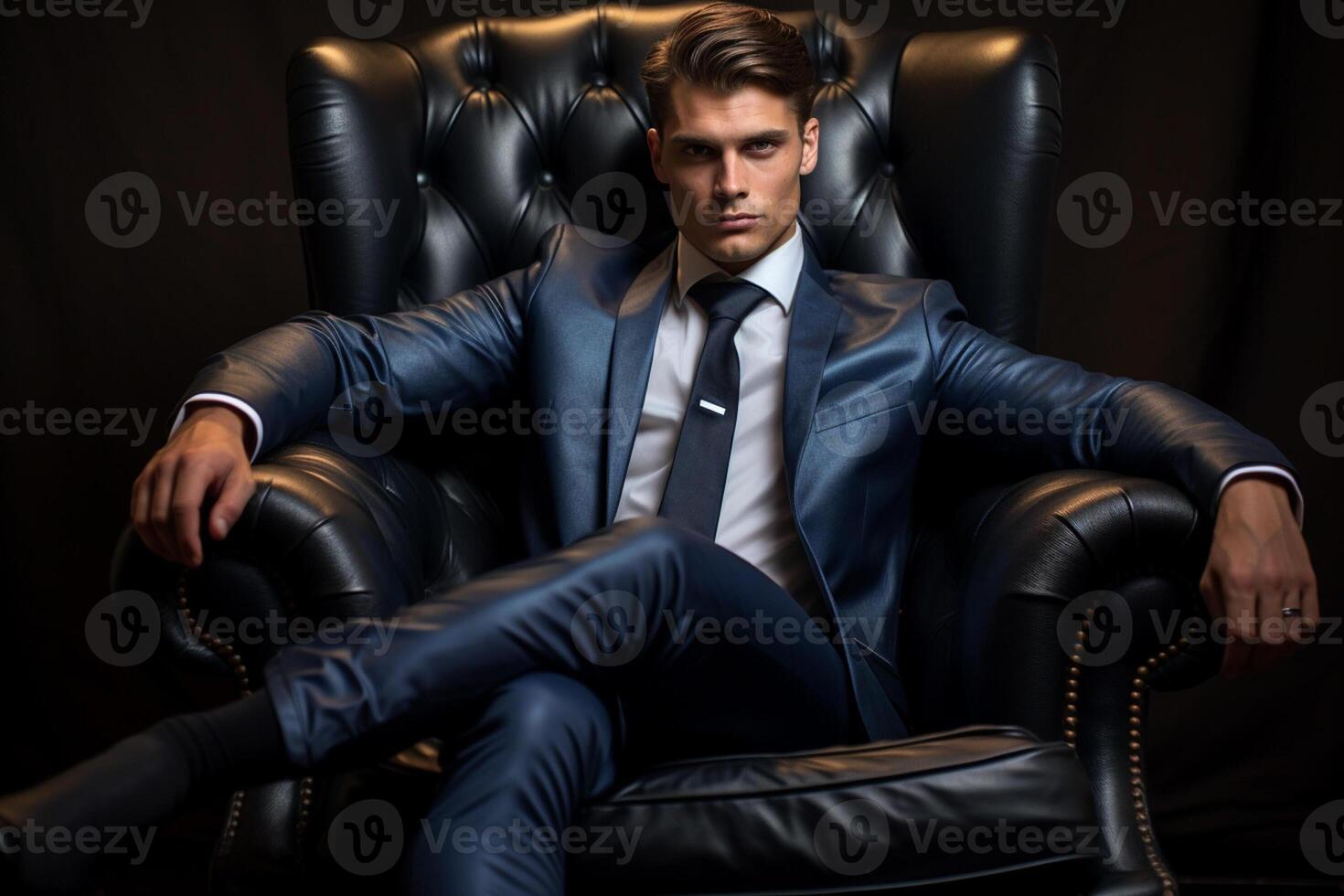 AI generated businessman model wearing blue suit sitting on the chair with Generated AI photo