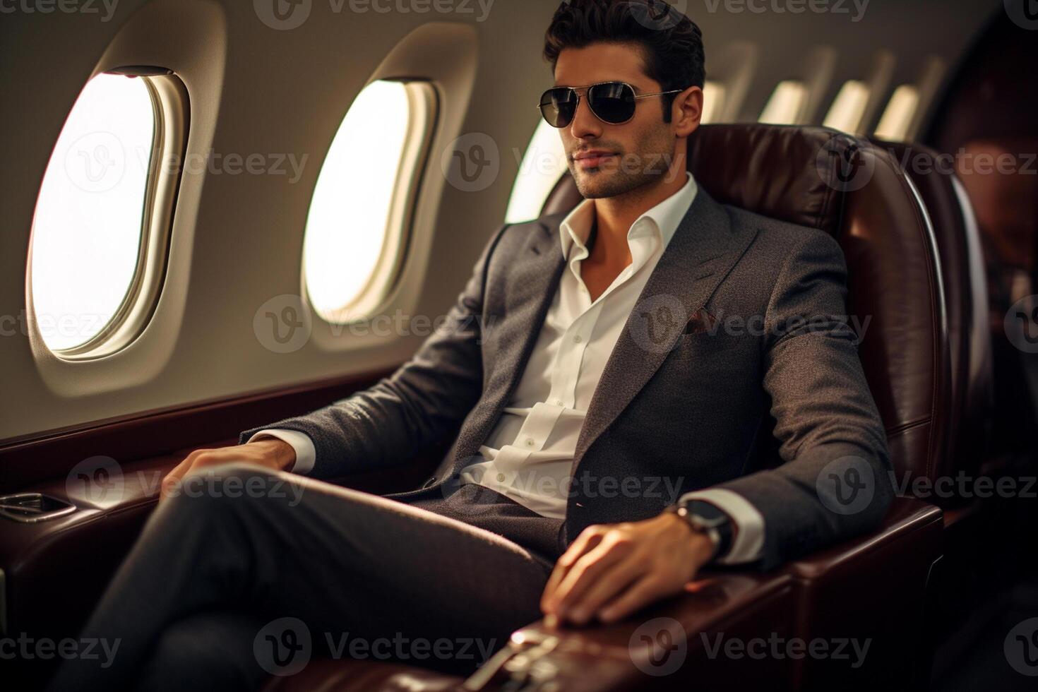 AI generated businessman sitting on private jet bokeh style background with Generated AI photo