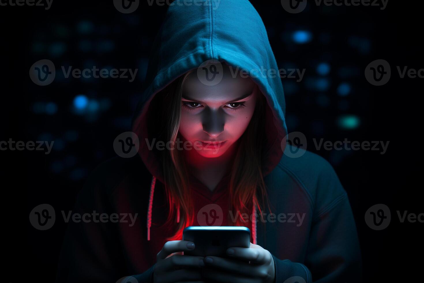 AI generated female hacker hacking from phone with generative ai photo