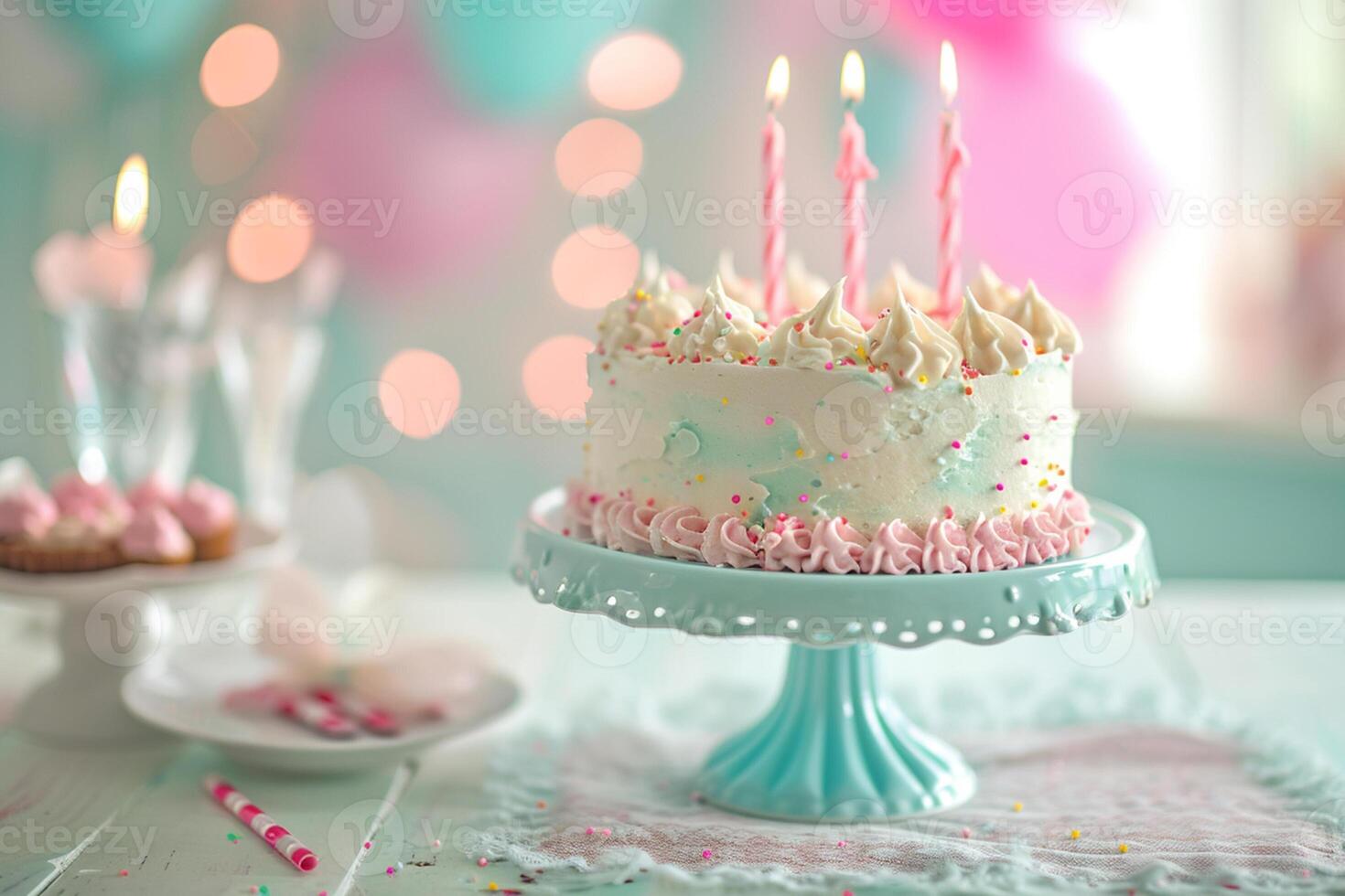 AI generated pastel birthday cake bokeh style background with generative ai photo