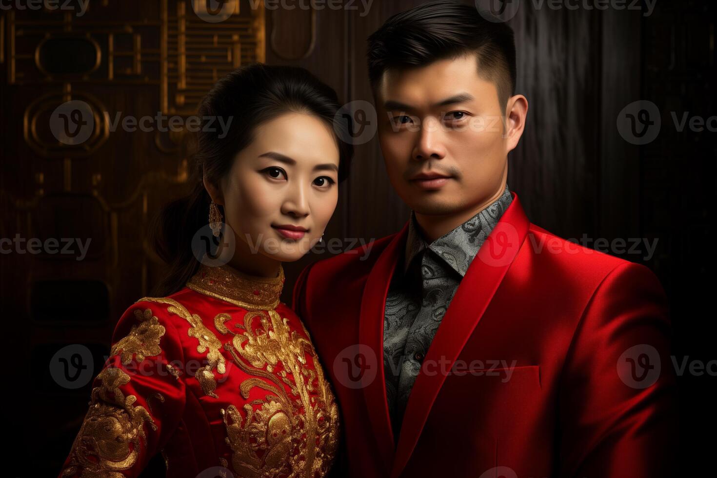 AI generated chinese couple in traditional clothes with generative ai photo