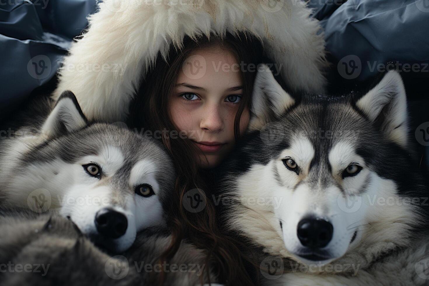 AI generated young woman hugging with her huskies dog with generative ai photo