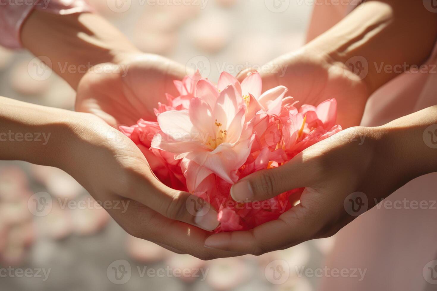 AI generated hands holding flower together with generative ai photo
