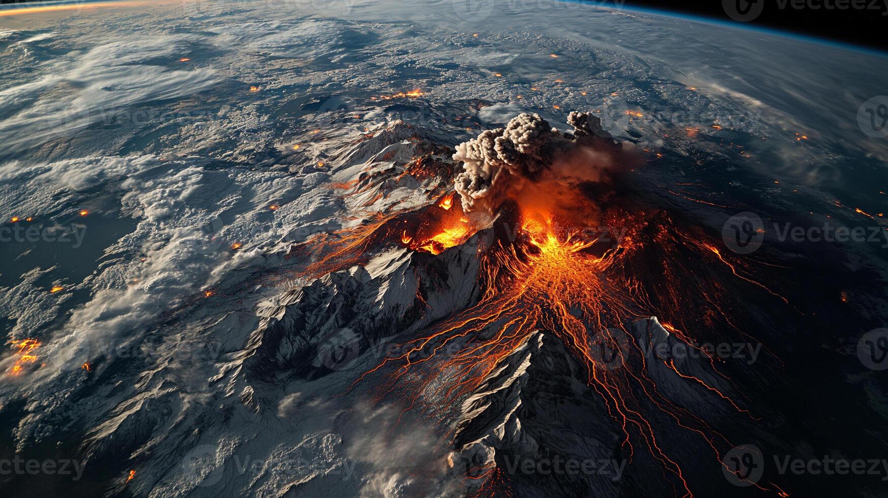 AI generated Apocalyptic vision of a volcano erupting photo