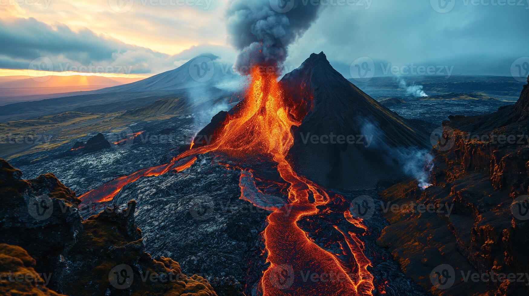 AI generated Apocalyptic vision of a volcano erupting photo