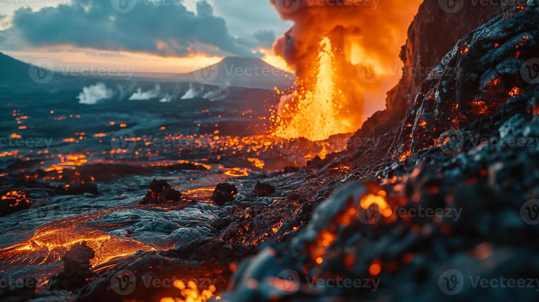 AI generated Apocalyptic vision of a volcano erupting photo