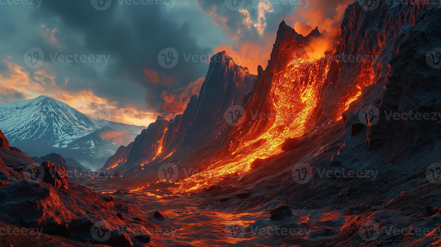 AI generated Apocalyptic vision of a volcano erupting photo