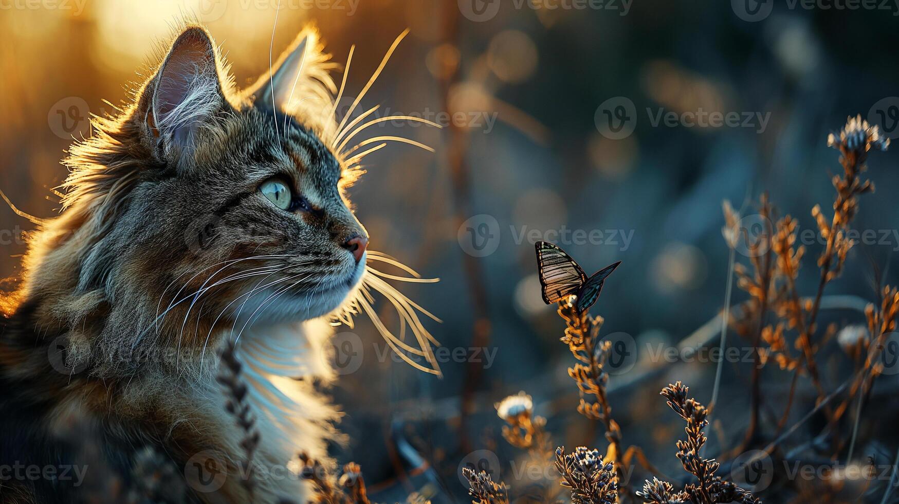 AI generated A portrait of an adorable fluffy kitten, butterfly resting on its nose, emerald eyes focused photo