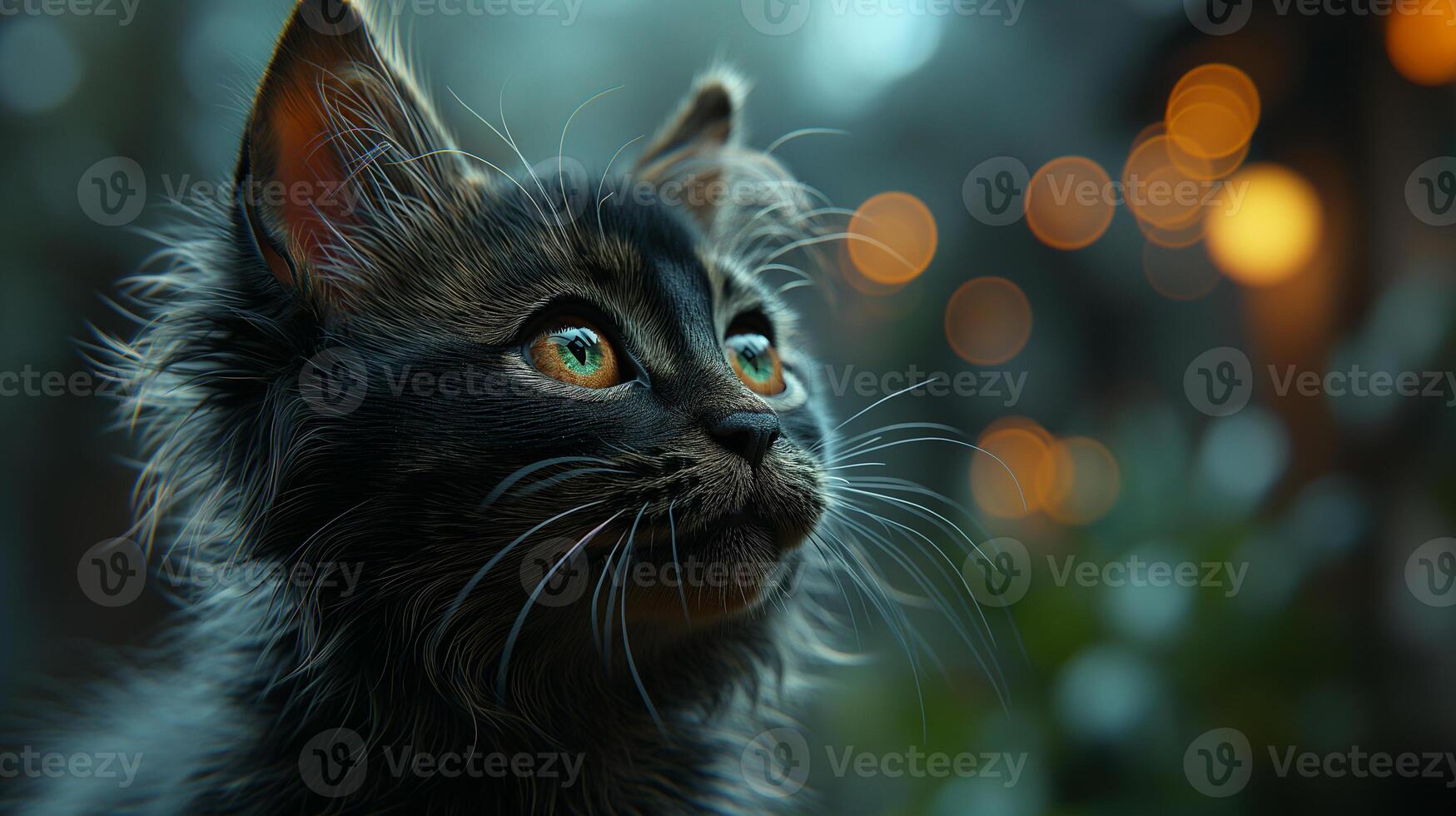 AI generated A portrait of an adorable fluffy kitten, butterfly resting on its nose, emerald eyes focused photo