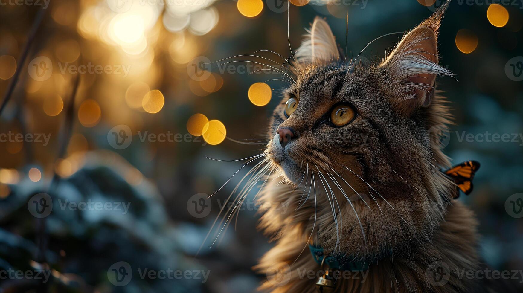 AI generated A portrait of an adorable fluffy kitten, butterfly resting on its nose, emerald eyes focused photo