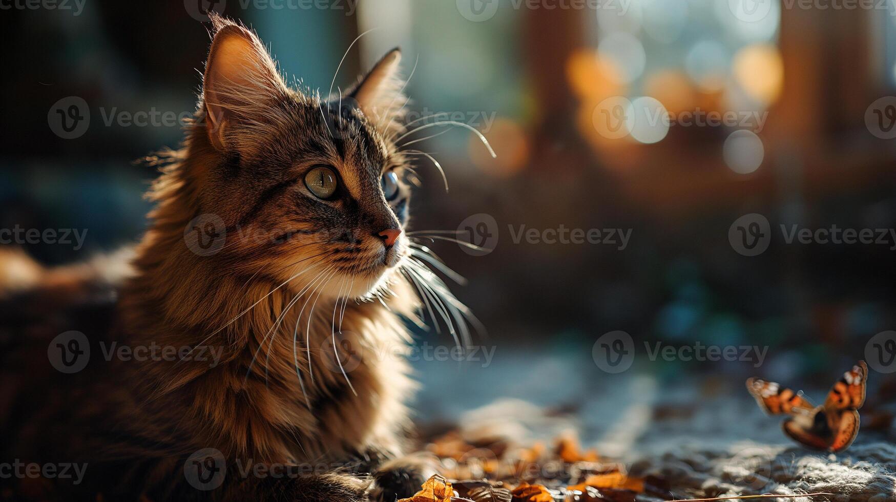 AI generated A portrait of an adorable fluffy kitten, butterfly resting on its nose, emerald eyes focused photo