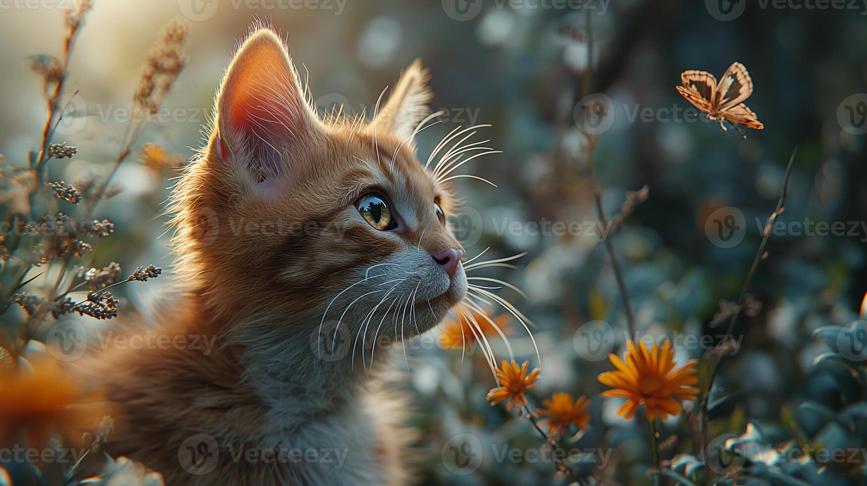 ai generado un retrato de un adorable mullido gatito, mariposa descansando en sus nariz, Esmeralda ojos enfocado foto