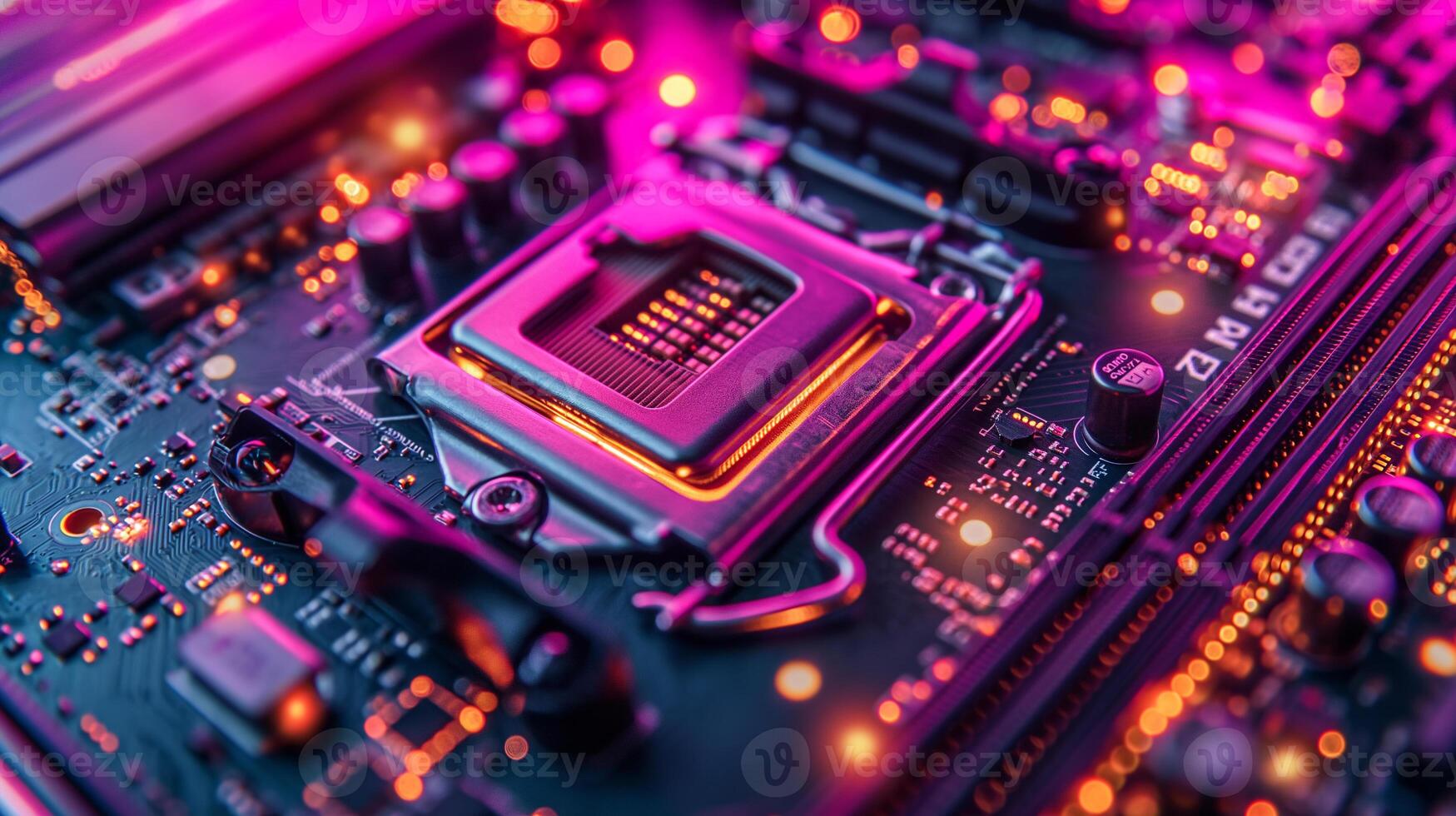 AI generated High-resolution, macro shot of a computer chip, emphasizing intricate circuit details photo