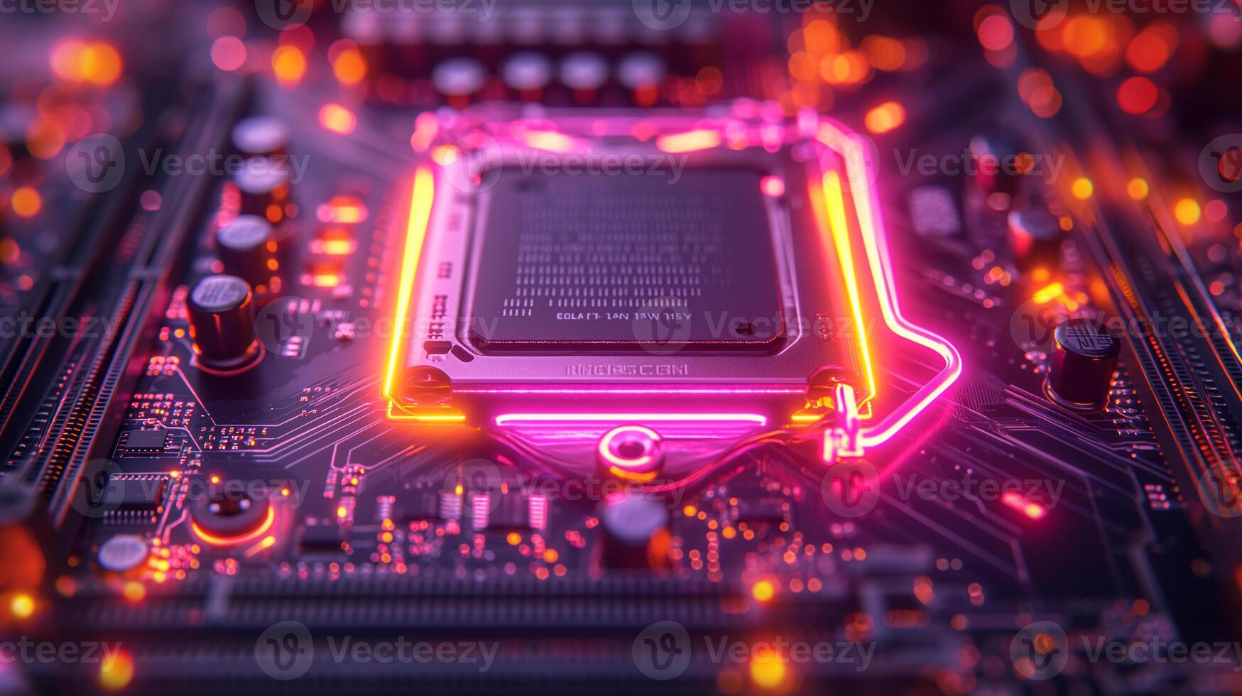 ai generado alta resolución, macro Disparo de un computadora chip, enfatizando intrincado circuito detalles foto