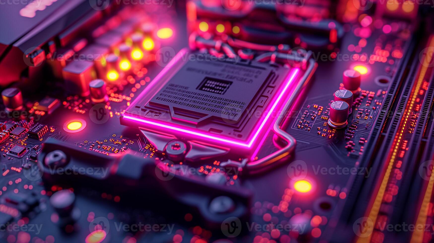 AI generated High-resolution, macro shot of a computer chip, emphasizing intricate circuit details photo