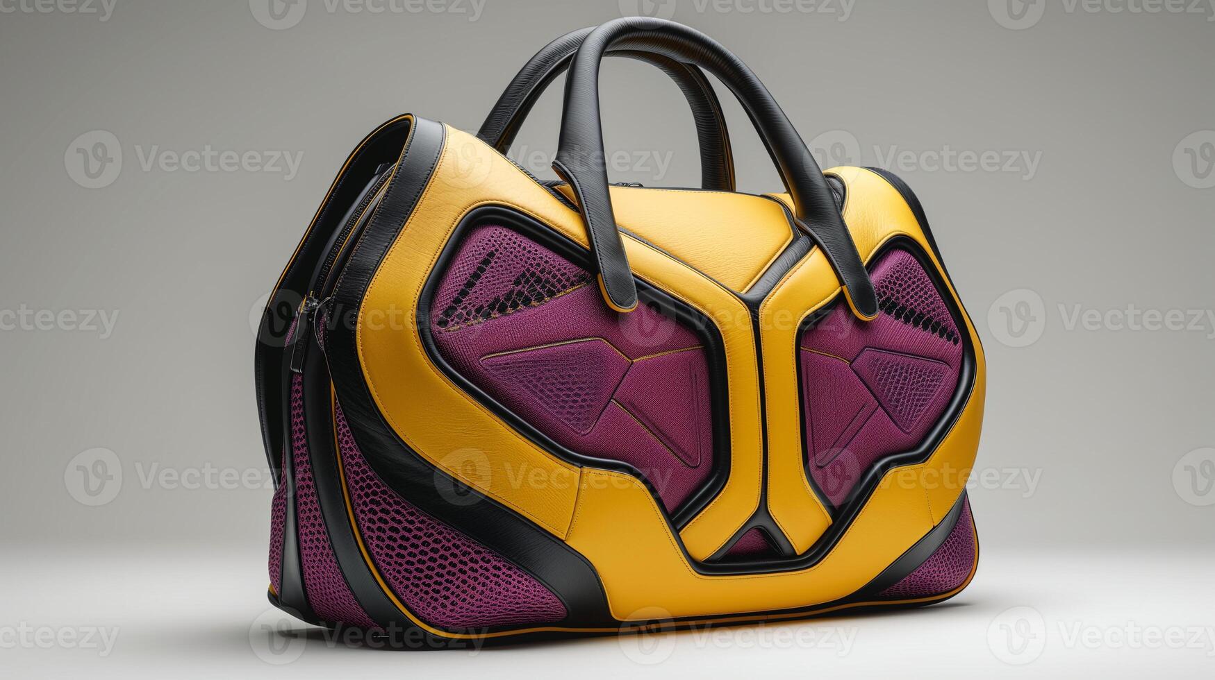 AI generated A futuristic woman's bag design, sleek and innovative shape, primary colors purple and yellow. Metallic accents, holographic textures, neon lighting effects. photo