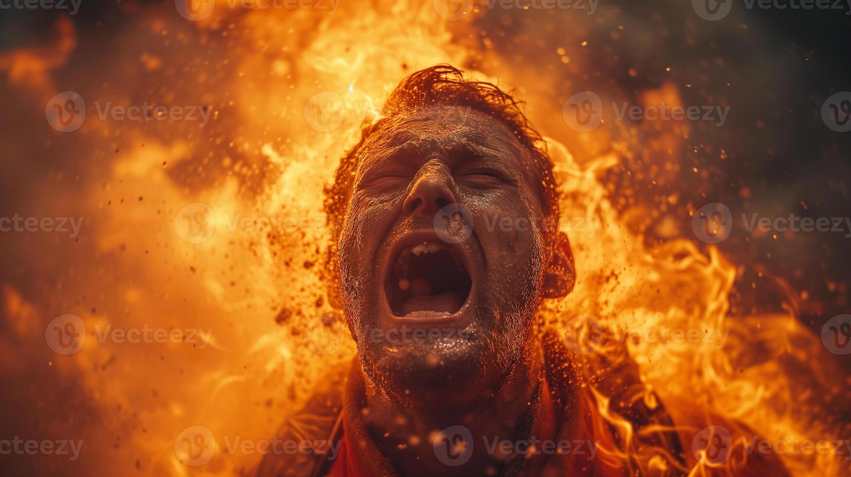 AI generated A close-up photograph of a fireman yelling, face contorted in fury and sorrow, against a backdrop of fierce flames consuming a structure. photo