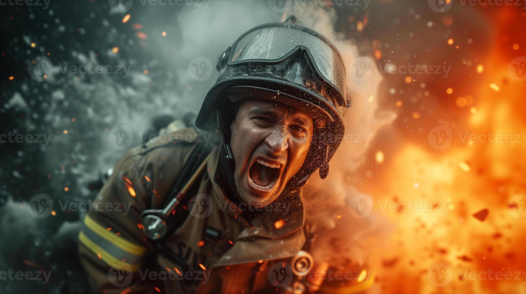 AI generated A close-up photograph of a fireman yelling, face contorted in fury and sorrow, against a backdrop of fierce flames consuming a structure. photo