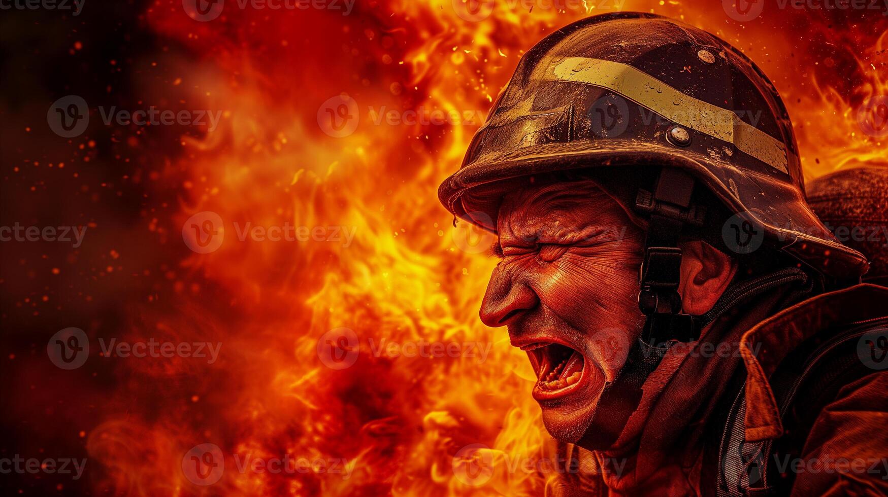 AI generated A close-up photograph of a fireman yelling, face contorted in fury and sorrow, against a backdrop of fierce flames consuming a structure. photo