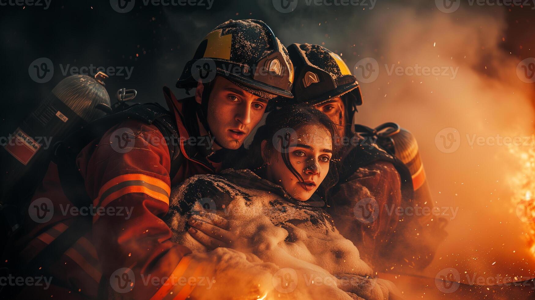 AI generated A close-up photograph of a fireman yelling, face contorted in fury and sorrow, against a backdrop of fierce flames consuming a structure. photo