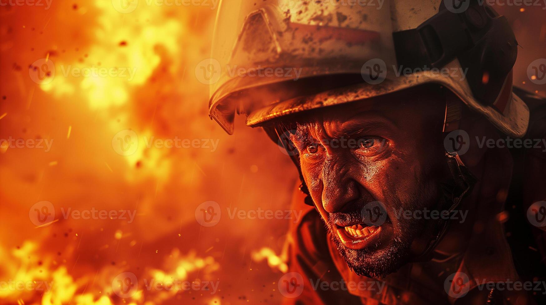 AI generated A close-up photograph of a fireman yelling, face contorted in fury and sorrow, against a backdrop of fierce flames consuming a structure. photo