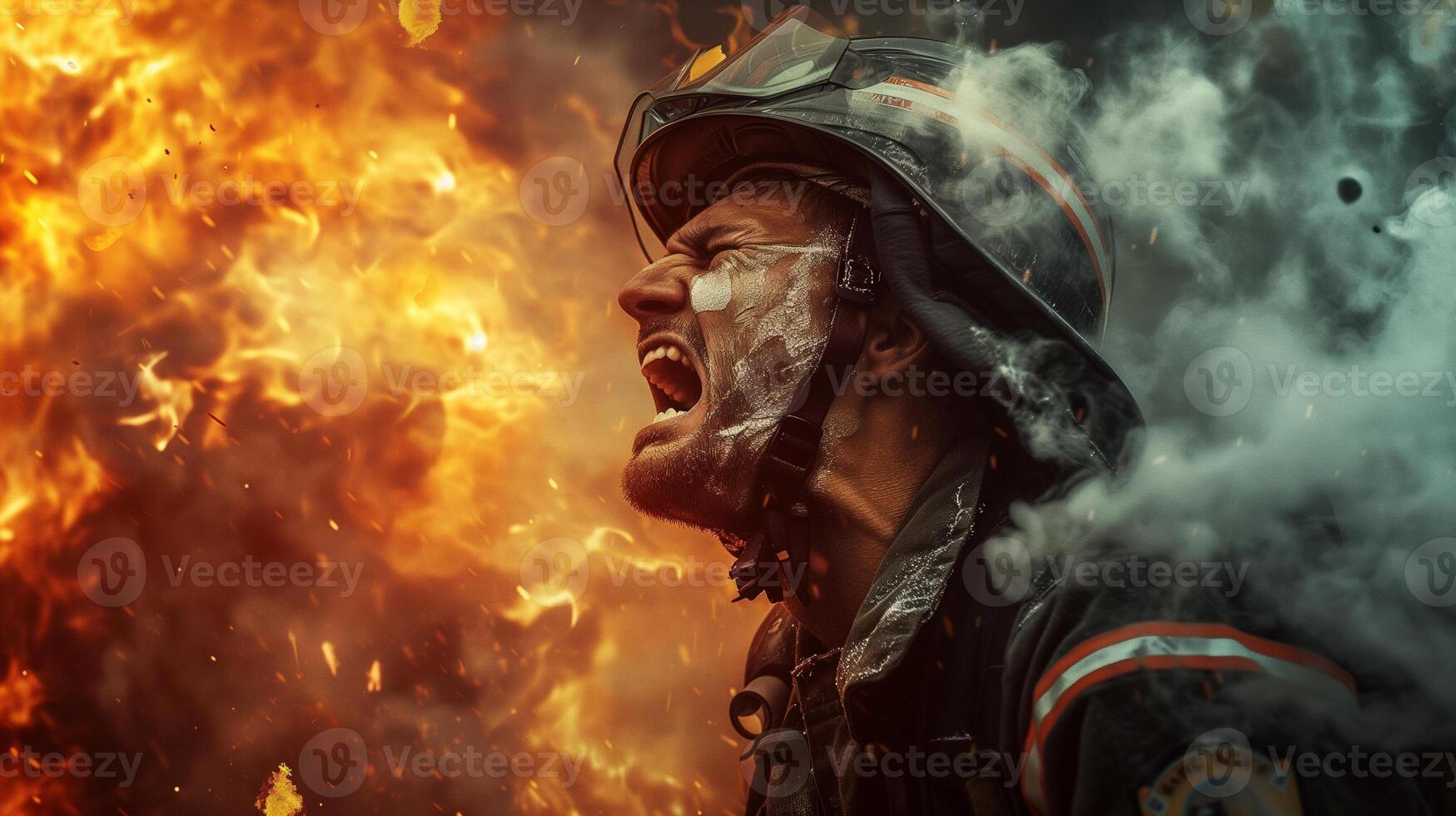AI generated A close-up photograph of a fireman yelling, face contorted in fury and sorrow, against a backdrop of fierce flames consuming a structure. photo