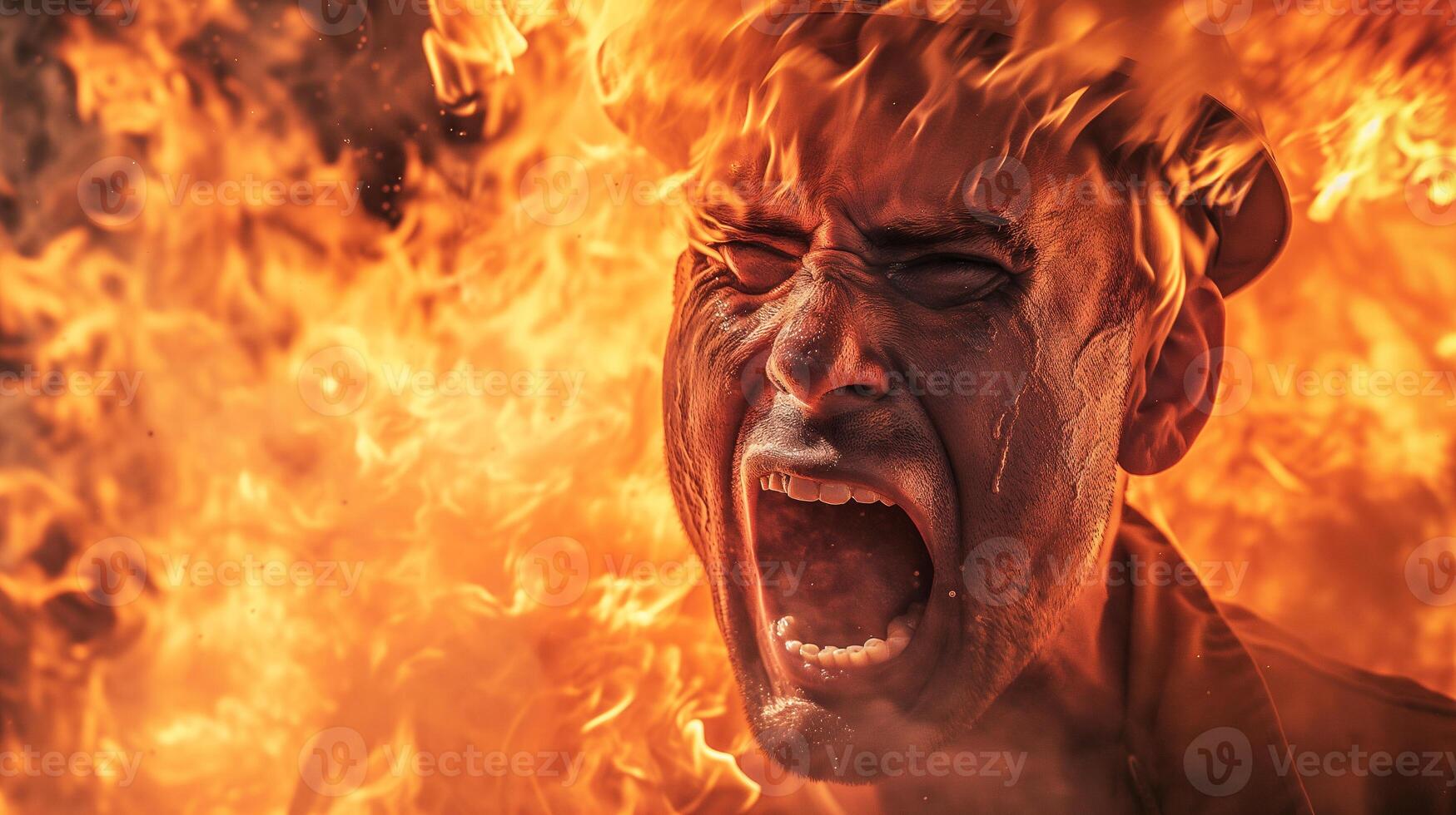 AI generated A close-up photograph of a fireman yelling, face contorted in fury and sorrow, against a backdrop of fierce flames consuming a structure. photo