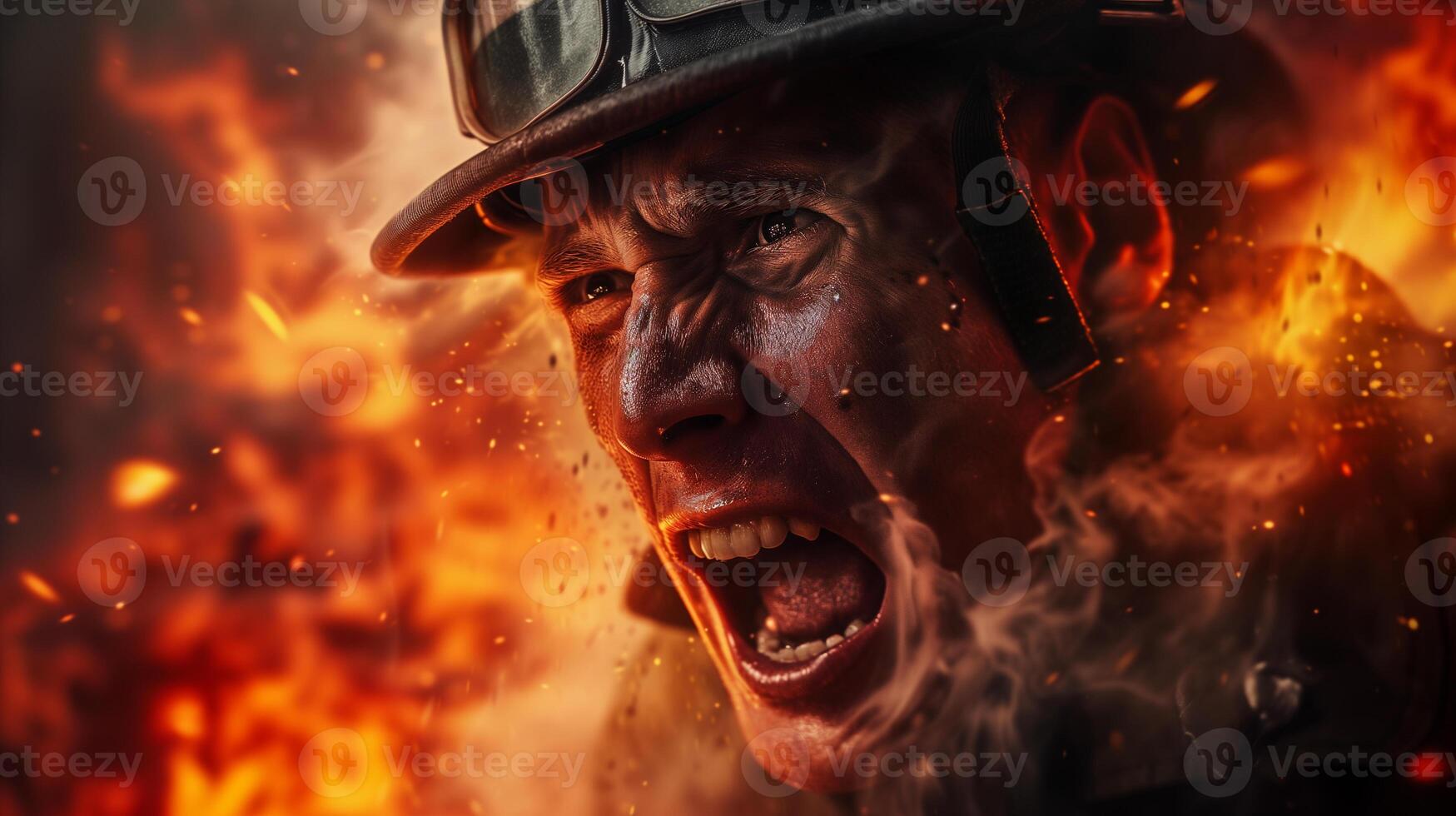 AI generated A close-up photograph of a fireman yelling, face contorted in fury and sorrow, against a backdrop of fierce flames consuming a structure. photo