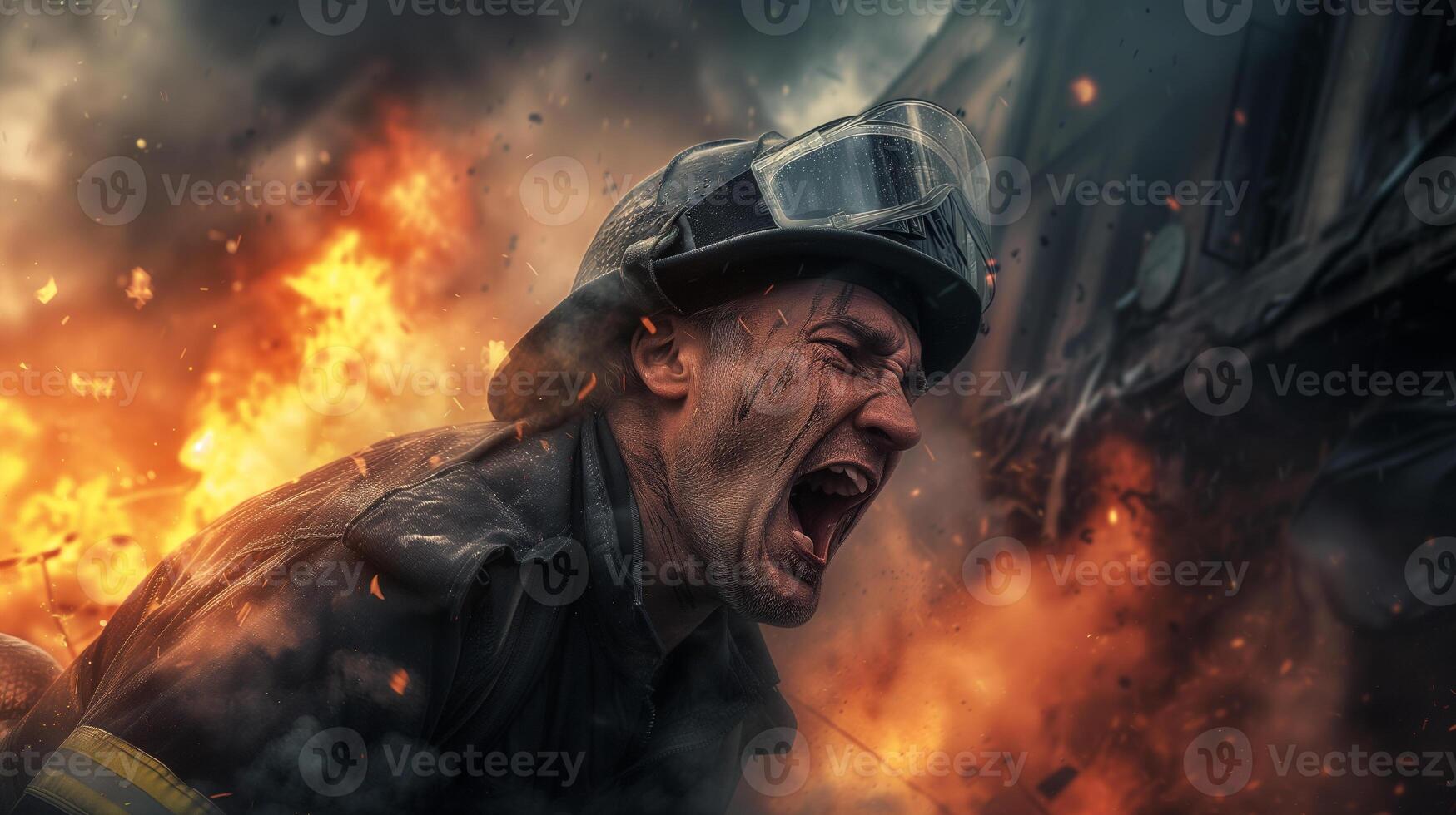 AI generated A close-up photograph of a fireman yelling, face contorted in fury and sorrow, against a backdrop of fierce flames consuming a structure. photo