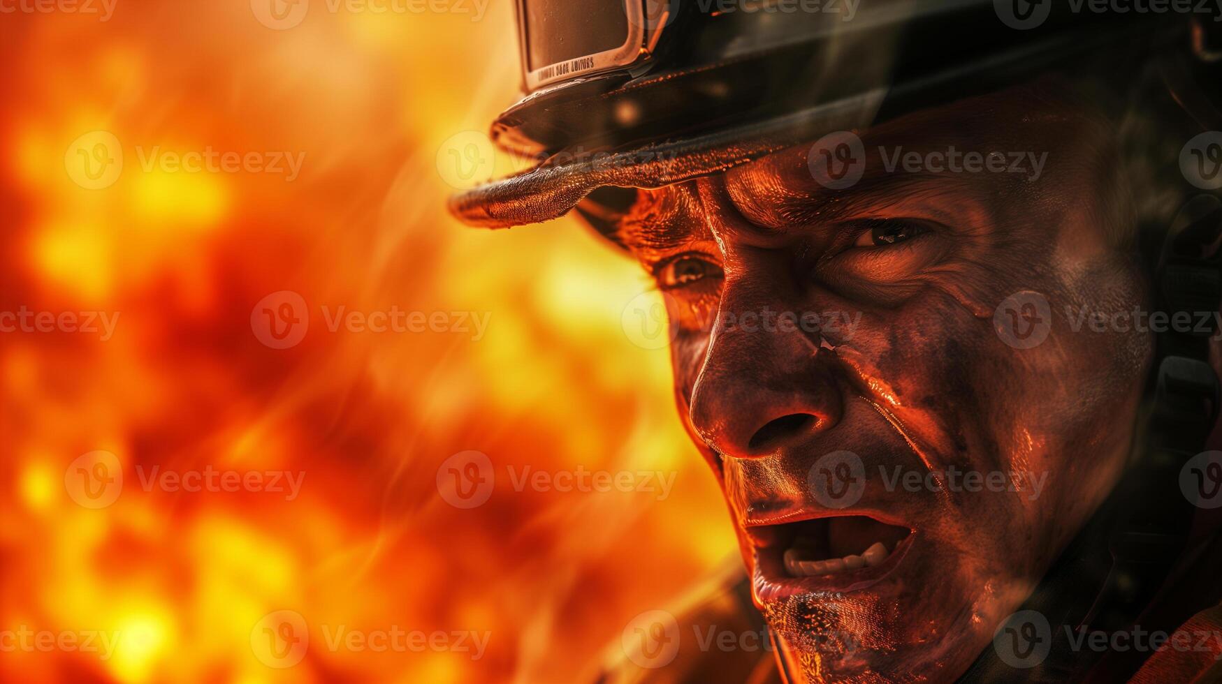 AI generated A close-up photograph of a fireman yelling, face contorted in fury and sorrow, against a backdrop of fierce flames consuming a structure. photo