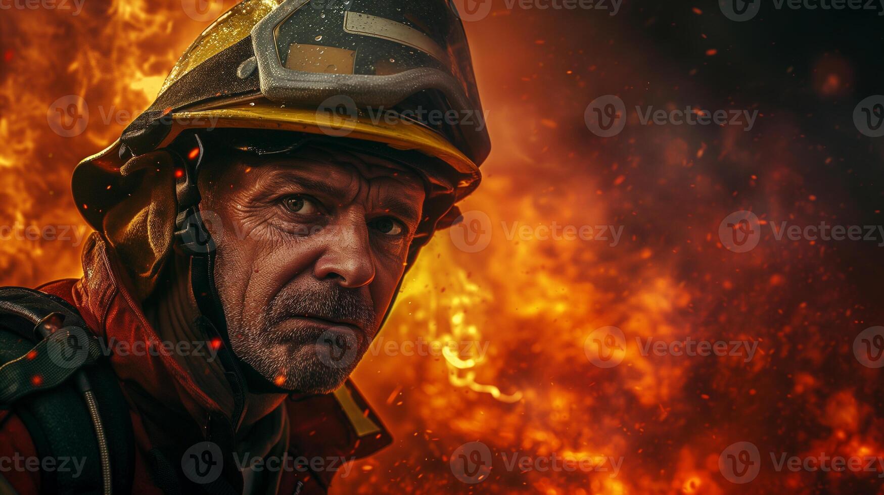 AI generated A close-up photograph of a fireman yelling, face contorted in fury and sorrow, against a backdrop of fierce flames consuming a structure. photo