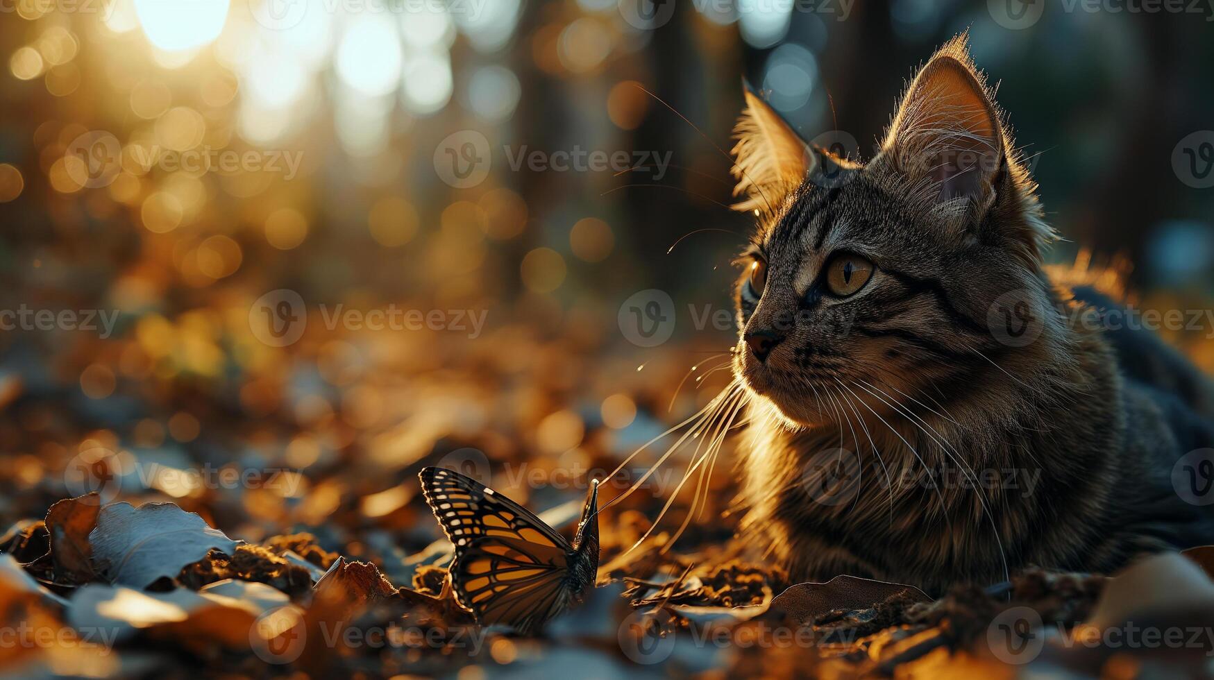 AI generated A portrait of an adorable fluffy kitten, butterfly resting on its nose, emerald eyes focused photo