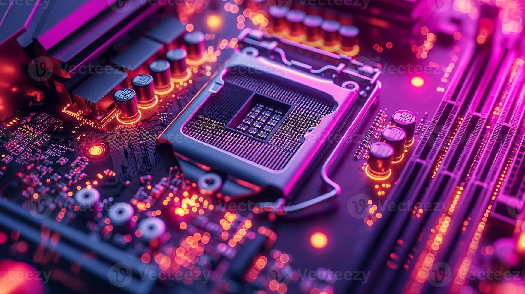 AI generated High-resolution, macro shot of a computer chip, emphasizing intricate circuit details photo