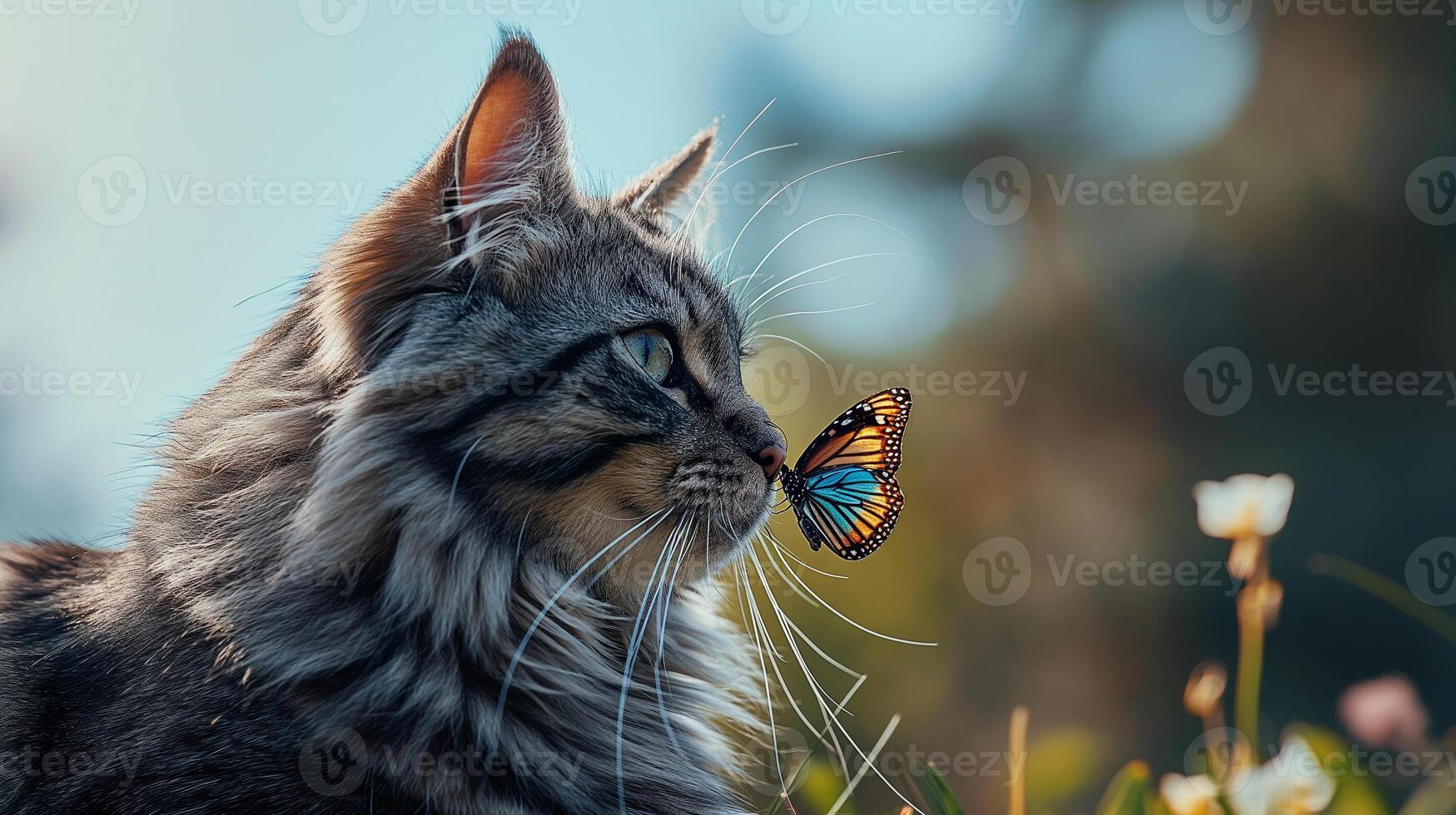 AI generated A portrait of an adorable fluffy kitten, butterfly resting on its nose, emerald eyes focused photo