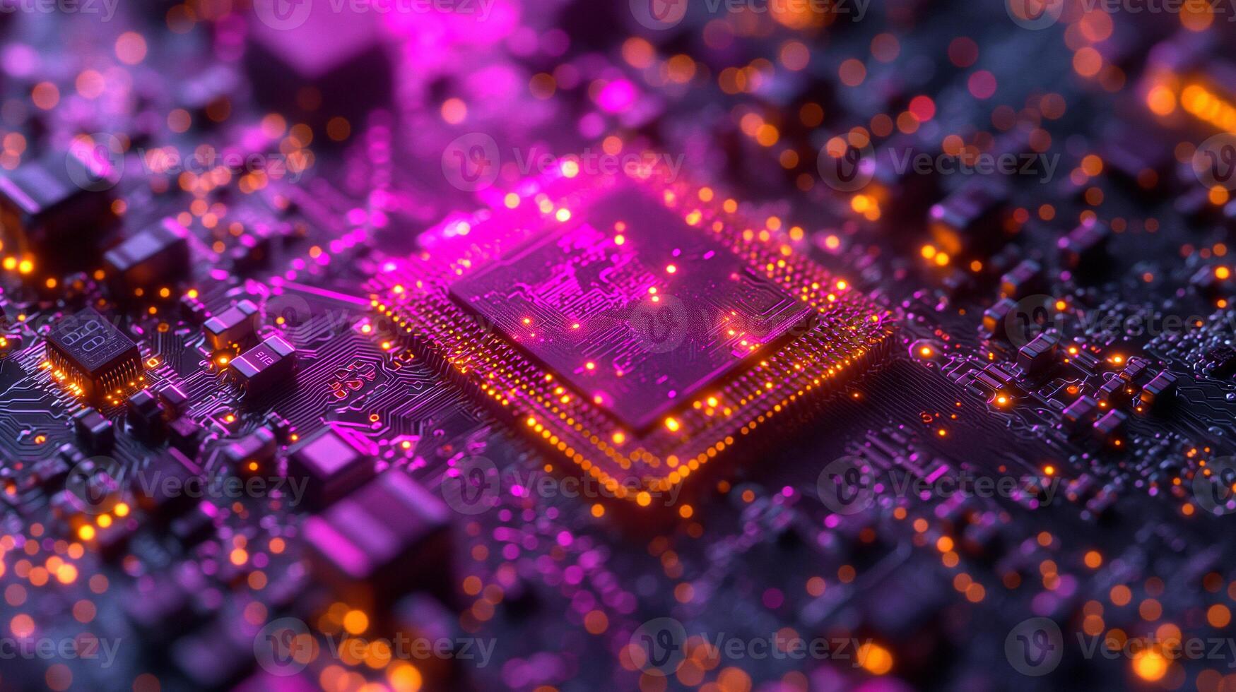 AI generated High-resolution, macro shot of a computer chip, emphasizing intricate circuit details photo