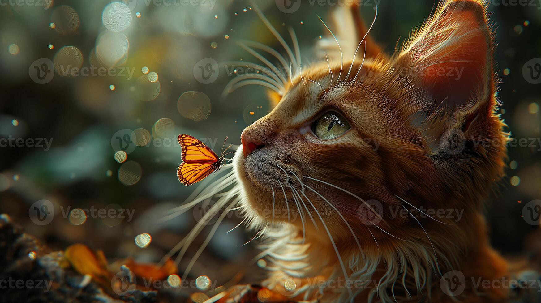 AI generated A portrait of an adorable fluffy kitten, butterfly resting on its nose, emerald eyes focused photo