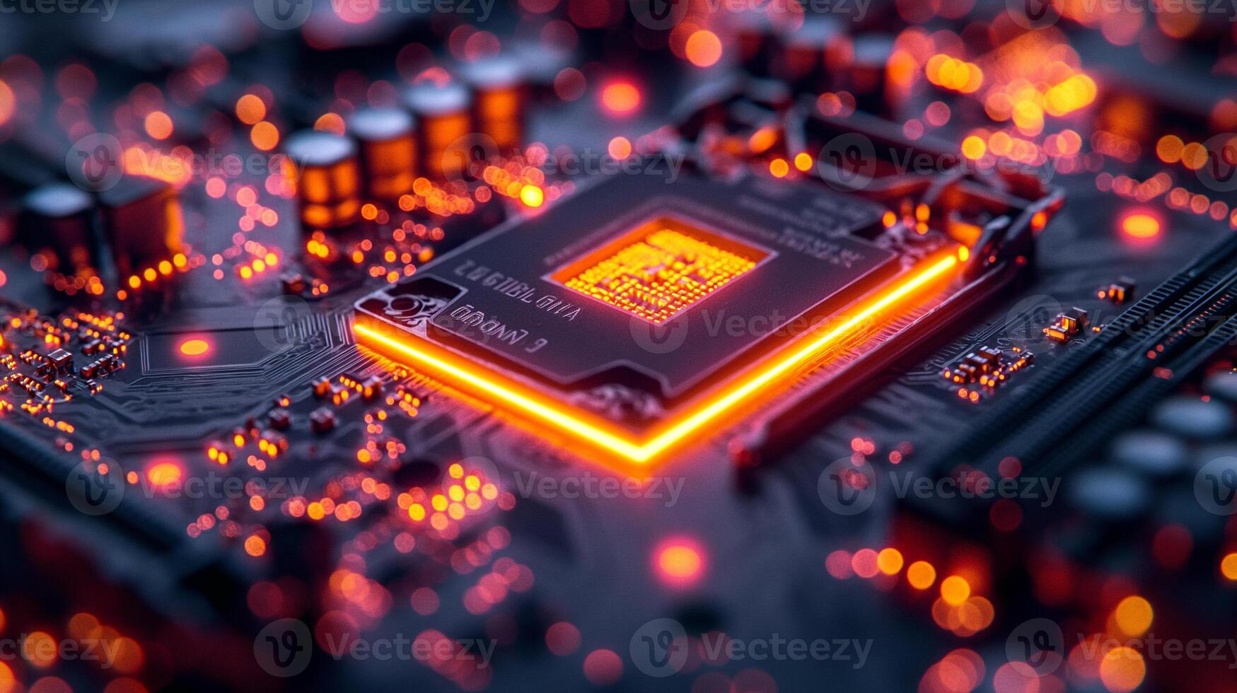 AI generated High-resolution, macro shot of a computer chip, emphasizing intricate circuit details photo