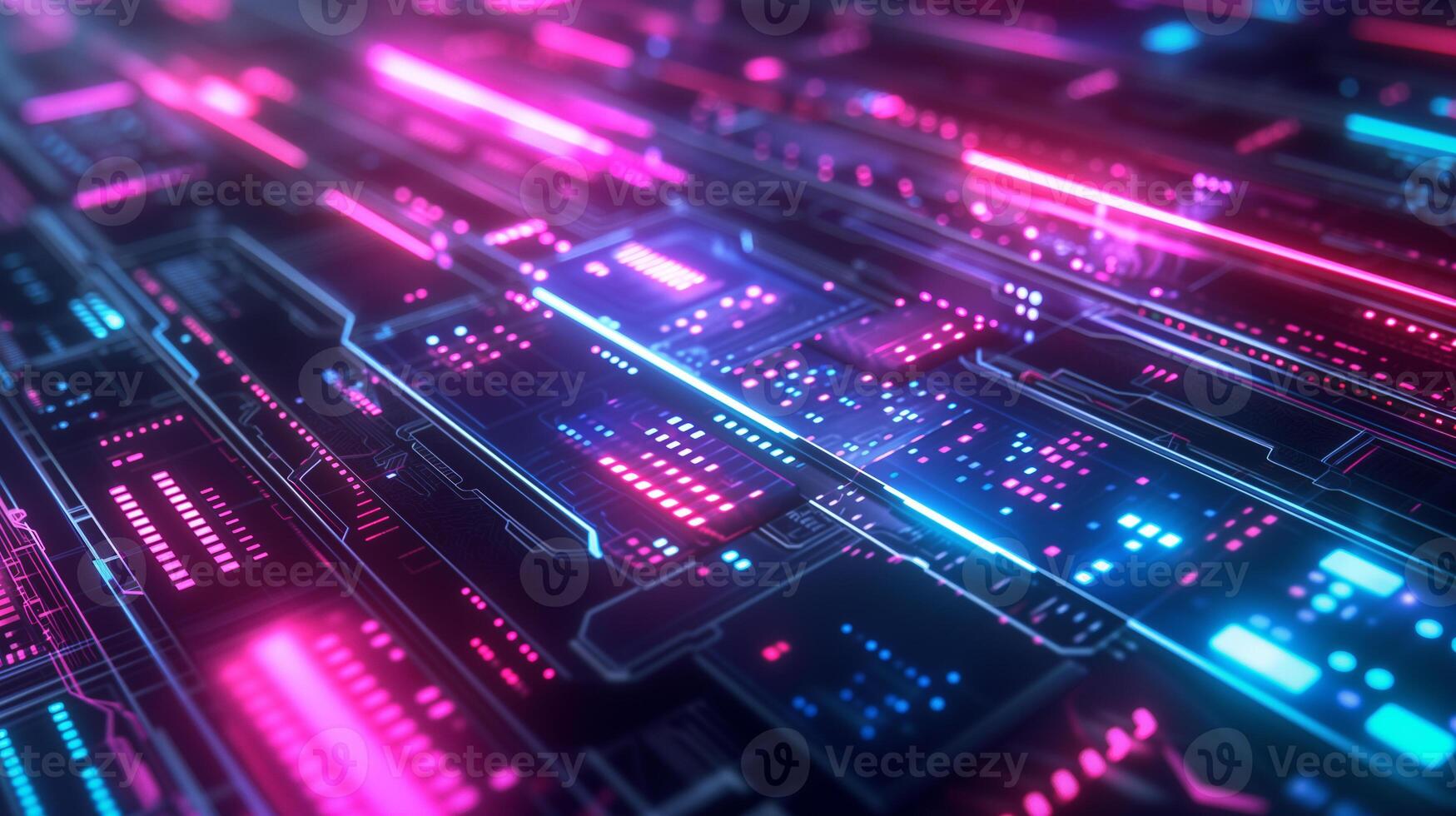 AI generated Abstract futuristic composition, fluid metallic shapes, iridescent color palette, dynamic asymmetrical layout. Incorporating cybernetic patterns, digital art style, glowing neon accents. photo