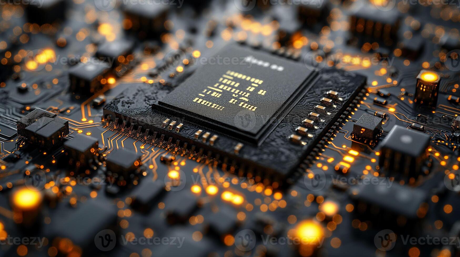 ai generado alta resolución, macro Disparo de un computadora chip, enfatizando intrincado circuito detalles foto