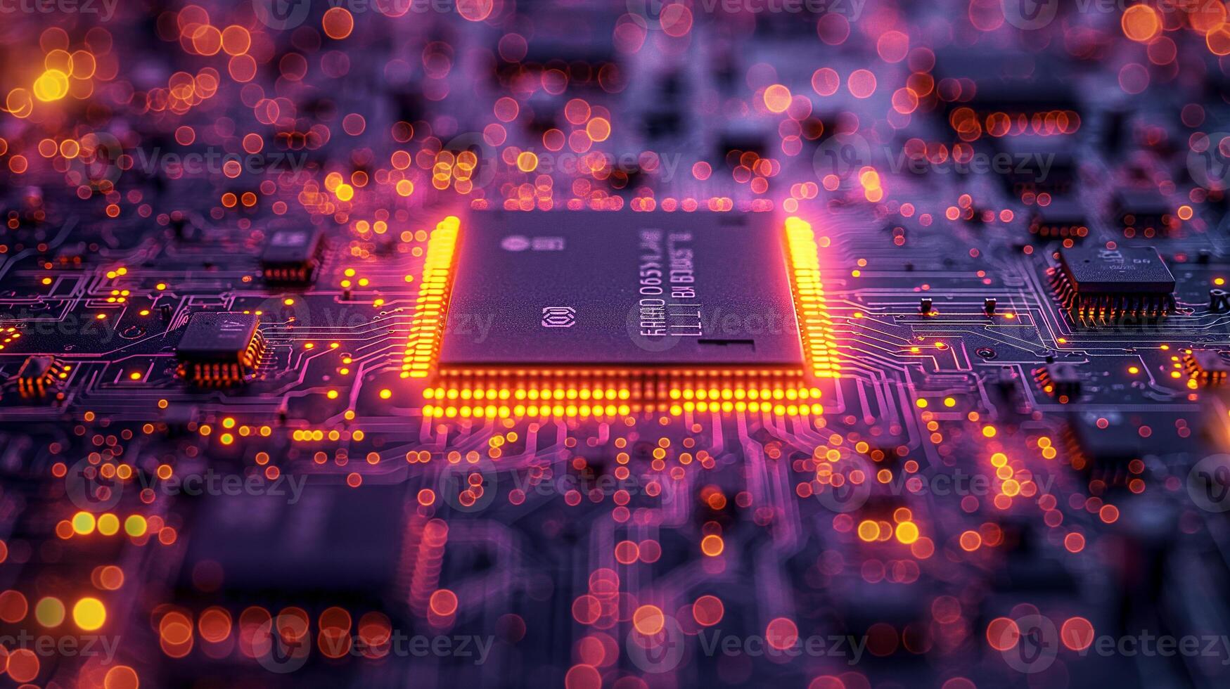 AI generated High-resolution, macro shot of a computer chip, emphasizing intricate circuit details photo